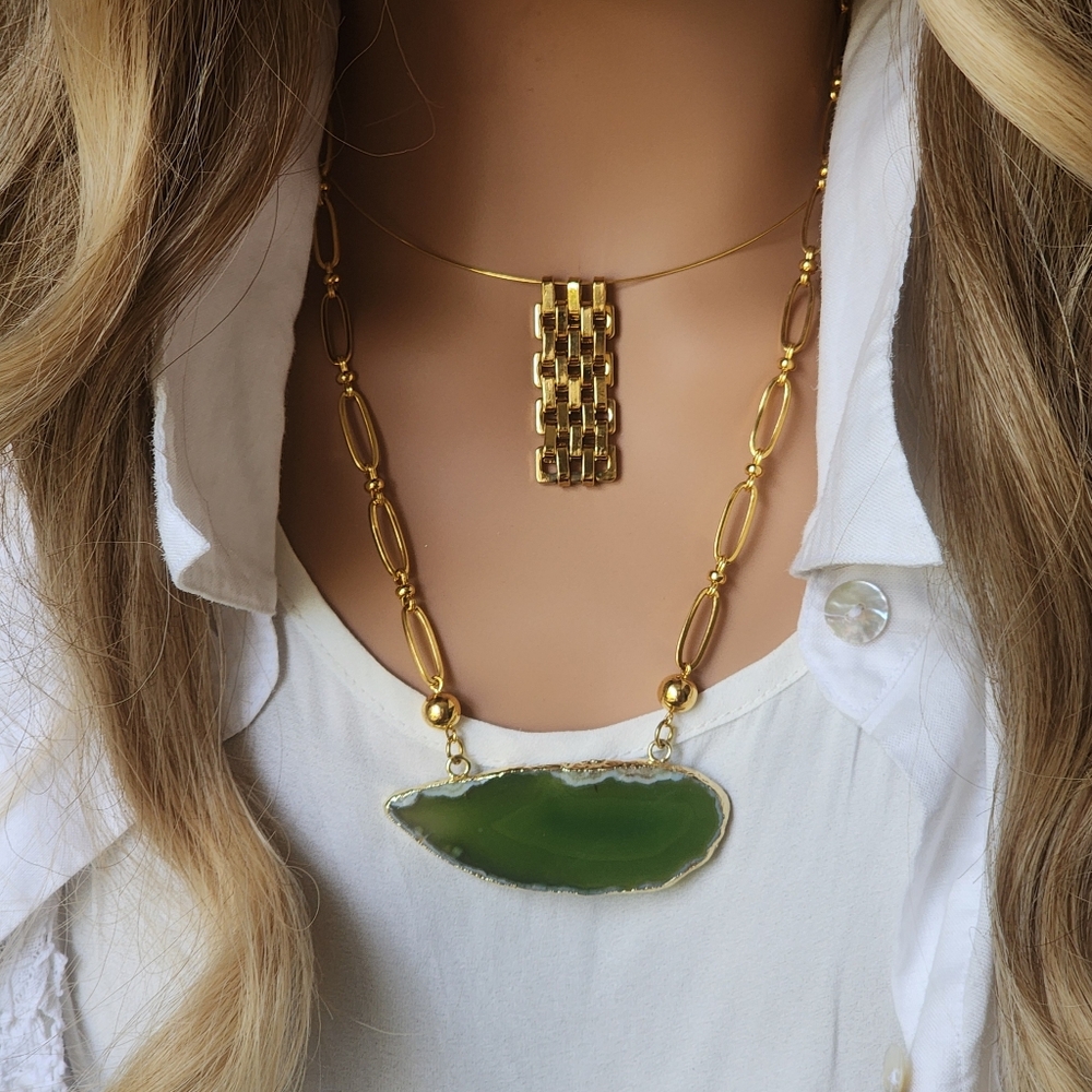 Boho Genuine Gold plated Raw Agate Stone Hypoallergenic Boho Necklace - Picture 8 of 13